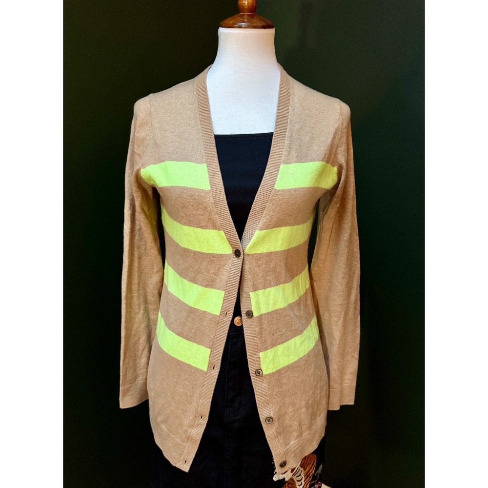 Gap Tan‎ Neon Green Stripes Cardigan Women's M